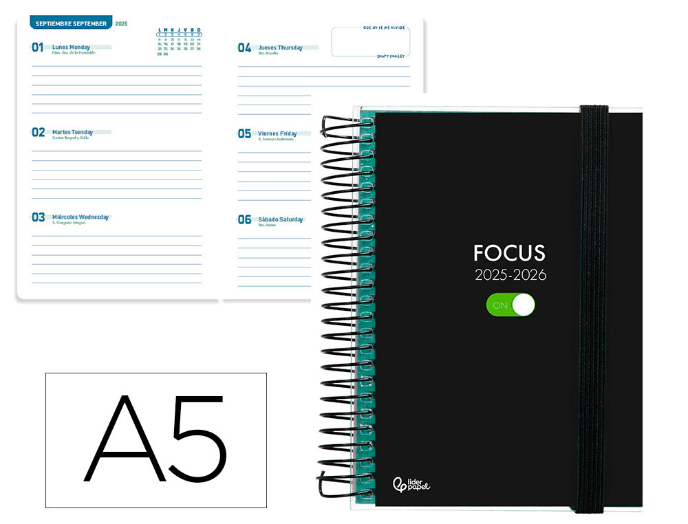 Agenda escolar liderpapel 25-26 espiral personalizable semana vista a5 bilingüe papel fsc 70 gr