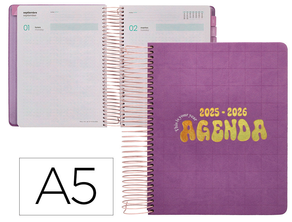 Agenda escolar liderpapel 25-26 espiral kymolos dia pagina a5 bilingüe papel fsc 80 gr