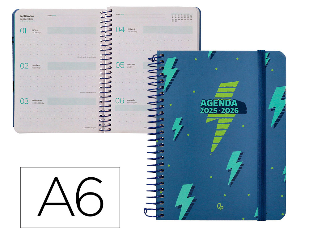 Agenda escolar liderpapel 25-26 espiral patterns rayos azul semana vista a6 bilingüe papel fsc 80 gr