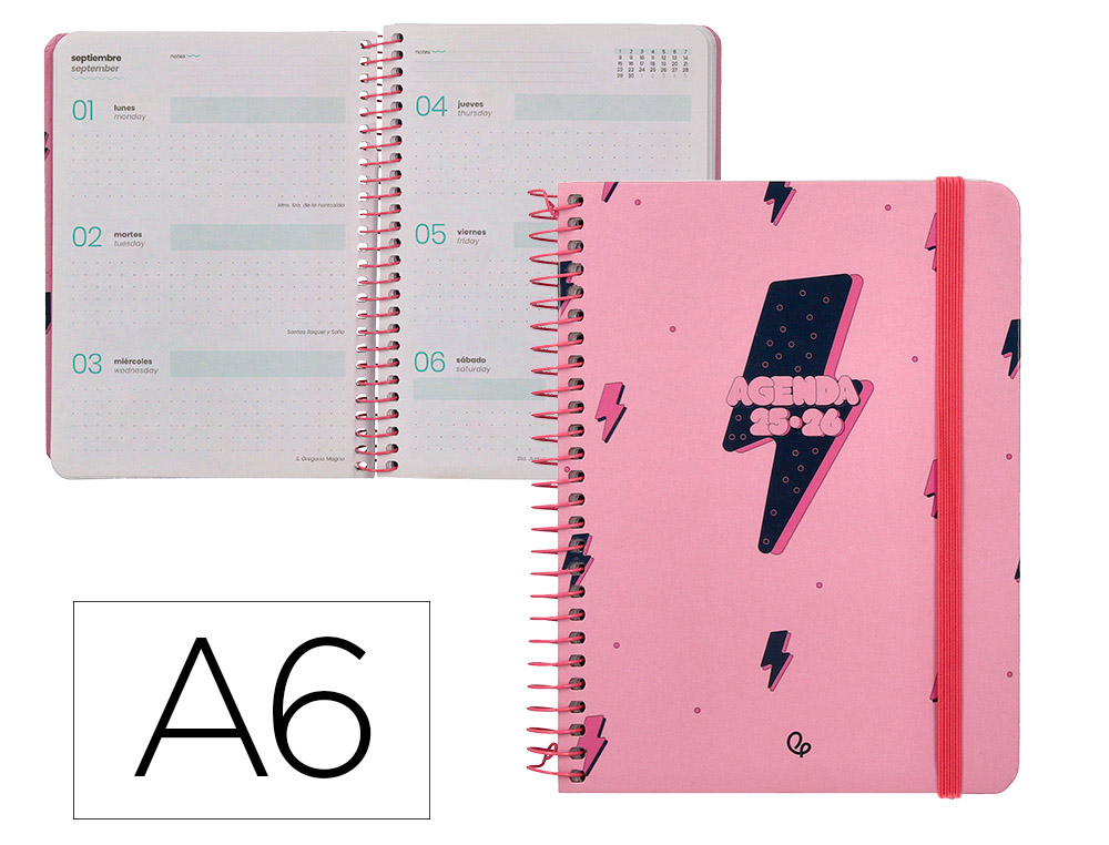 Agenda escolar liderpapel 25-26 espiral patterns rayos rosa semana vista a6 bilingüe papel fsc 80 gr