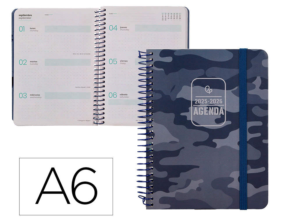 Agenda escolar liderpapel 25-26 espiral patterns militar gris semana vista a6 bilingüe papel fsc 80 gr