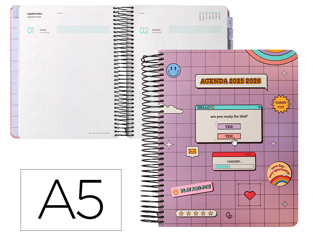 Agenda escolar liderpapel 25-26 espiral pixel morado dia pagina a5 bilingüe papel fsc 80 gr