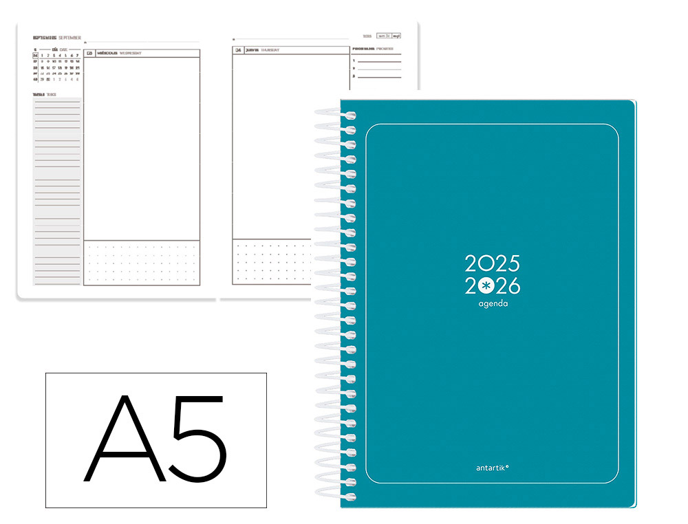 Agenda escolar antartik 25-26 espiral essentials azul oscuro dia pagina a5 bilingüe papel fsc 80 gr