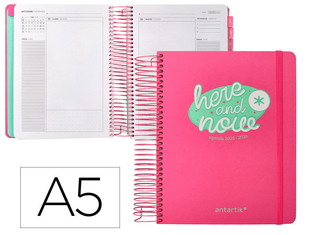 Agenda escolar antartik 25-26 espiral here and now rosa dia pagina a5 bilingüe papel fsc 80 gr