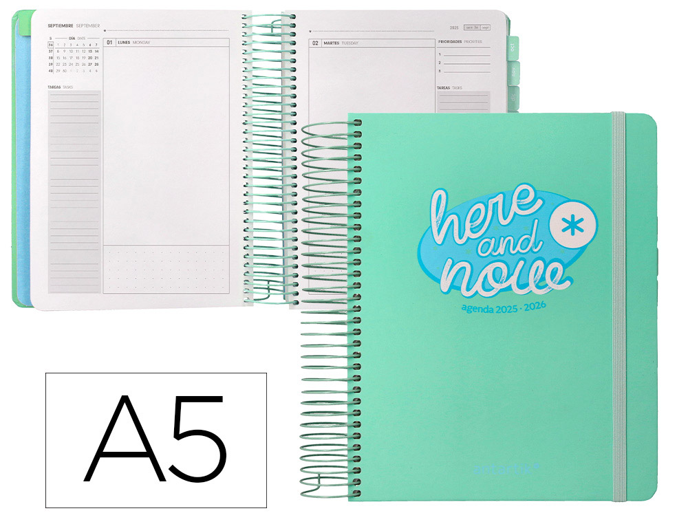 Agenda escolar antartik 25-26 espiral here and now turquesa dia pagina a5 bilingüe papel fsc 80 gr 80 gr