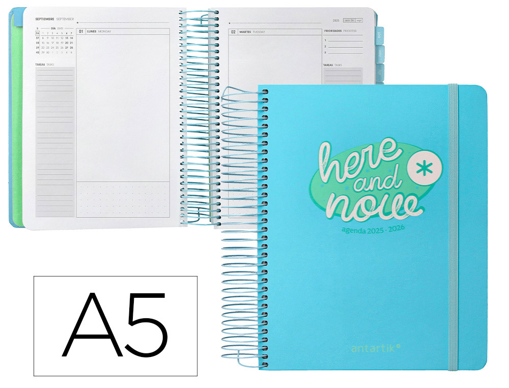 Agenda escolar antartik 25-26 espiral here and now azul dia pagina a5 bilingüe papel fsc 80 gr 80 gr