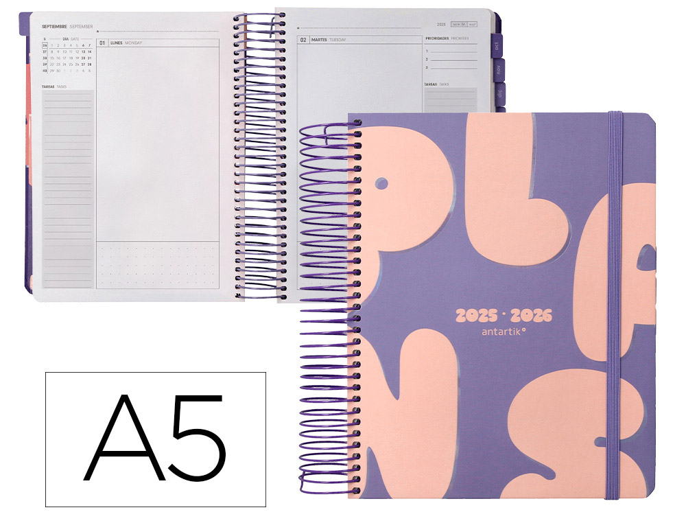 Agenda escolar antartik 25-26 espiral plans morado dia pagina a5 bilingüe papel fsc 80 gr