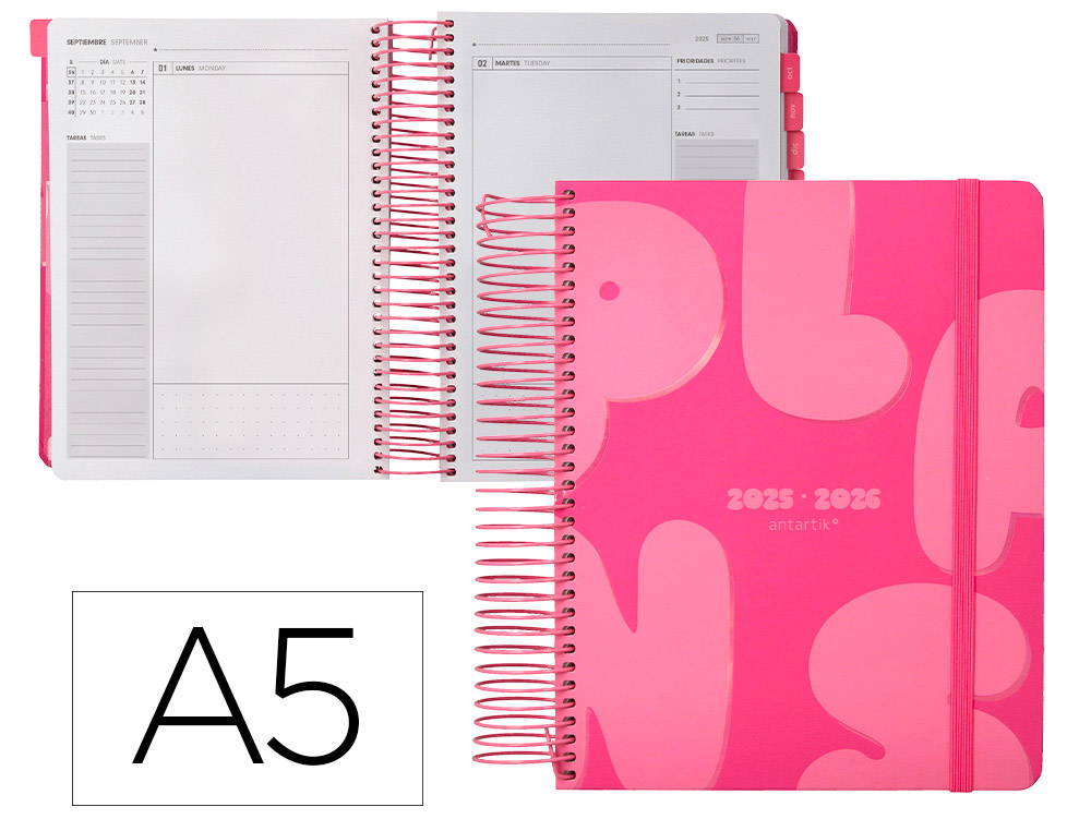 Agenda escolar antartik 25-26 espiral plans rosa fucsia dia pagina a5 bilingüe papel fsc 80 gr