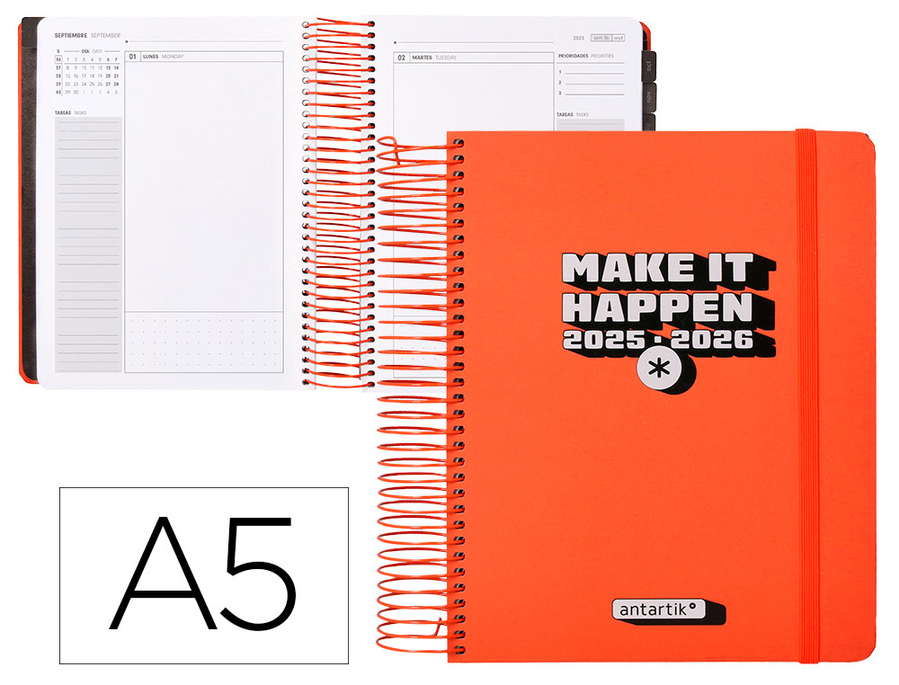 Agenda escolar antartik 25-26 espiral neon rosa dia pagina a5 bilingüe papel fsc 80 gr