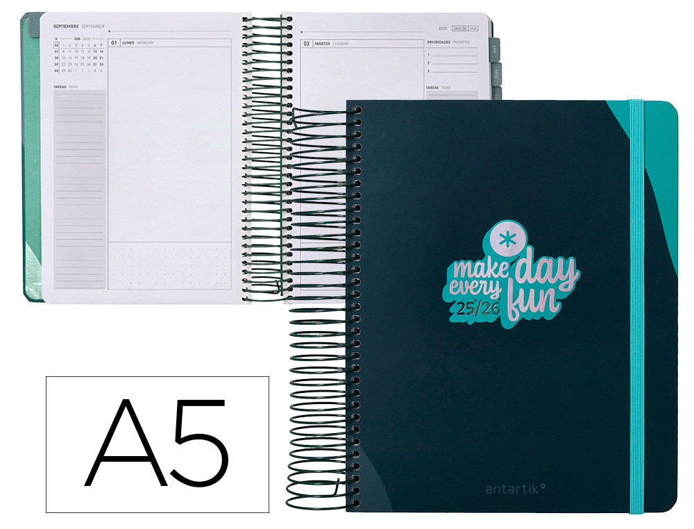 Agenda escolar antartik 25-26 espiral fun day azul oscuro dia pagina a5 bilingüe papel fsc 80 gr