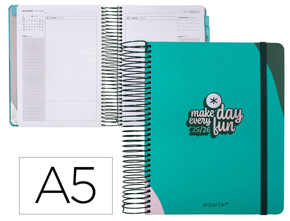 Agenda escolar antartik 25-26 espiral fun day turquesa dia pagina a5 bilingüe papel fsc 80 gr