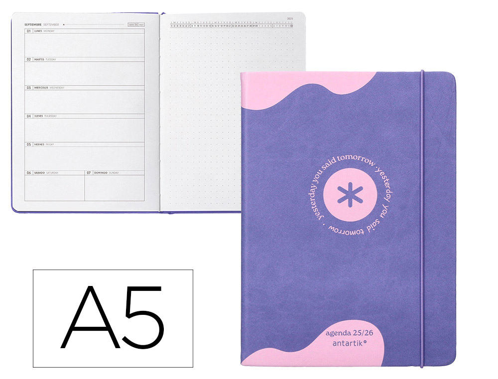 Agenda escolar antartik 25-26 encuadernada go! simil piel morado semana vista a5 bilingüe papel fsc 80 gr