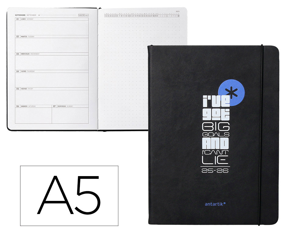 Agenda escolar antartik 25-26 encuadernada go! simil piel negro semana vista a5 bilingüepapel fsc 80 gr