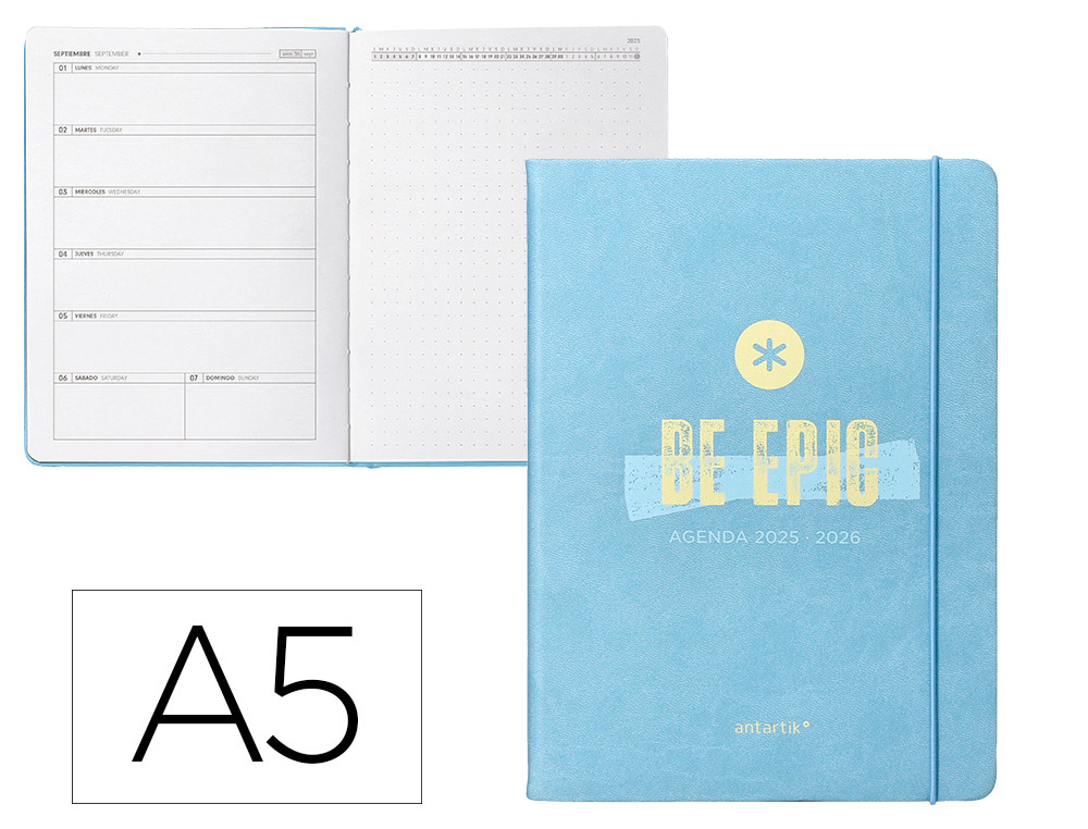 Agenda escolar antartik 25-26 encuadernada go! simil piel azul semana vista a5 bilingüe papel fsc 80 gr