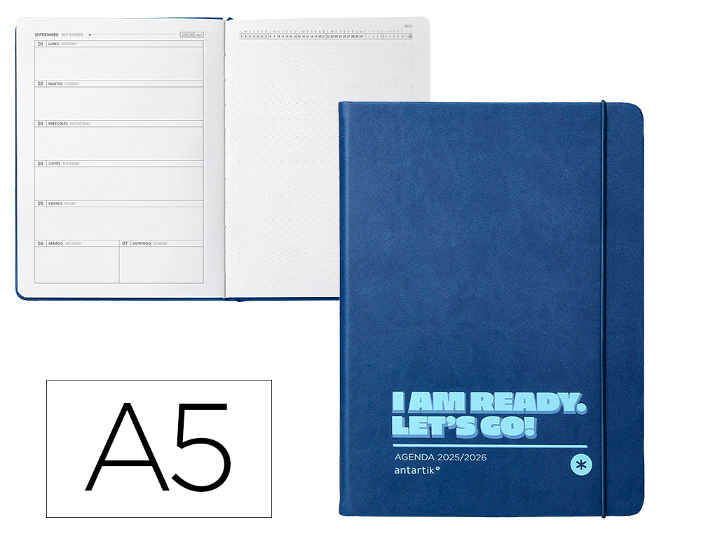 Agenda escolar antartik 25-26 encuadernada go! simil piel azul oscuro semana vista a5 bilingüe papel fsc 80 gr