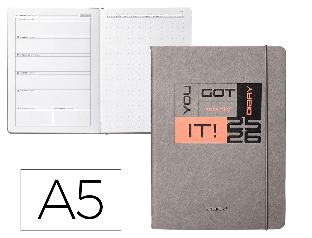 Agenda escolar antartik 25-26 encuadernada go! simil piel gris semana vista a5 bilingüe papel fsc 80 gr