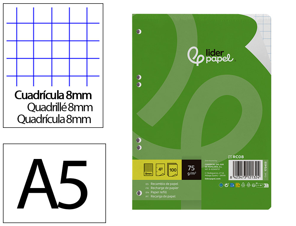 Recambio liderpapel din a5 100 hojas 75 gr cuadro 8mm con margen 6 taladros