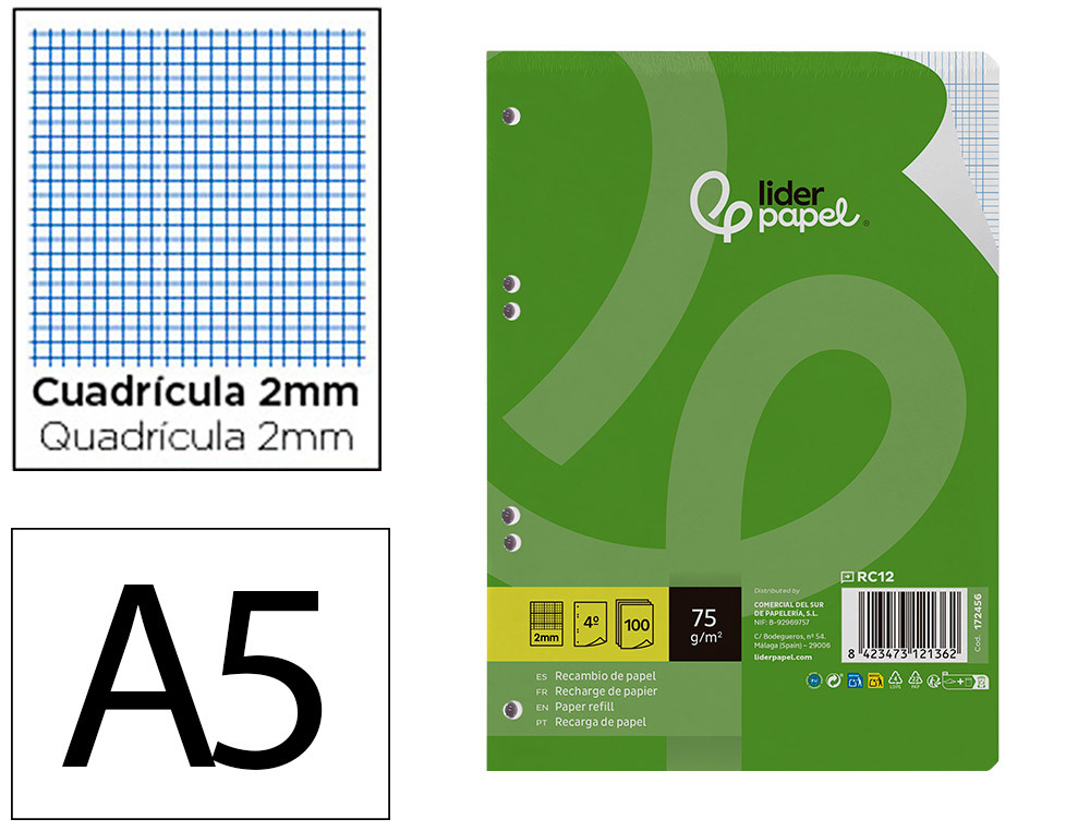 Recambio liderpapel din a5 100 hojas 75 gr milimetrado sin margen 6 taladros