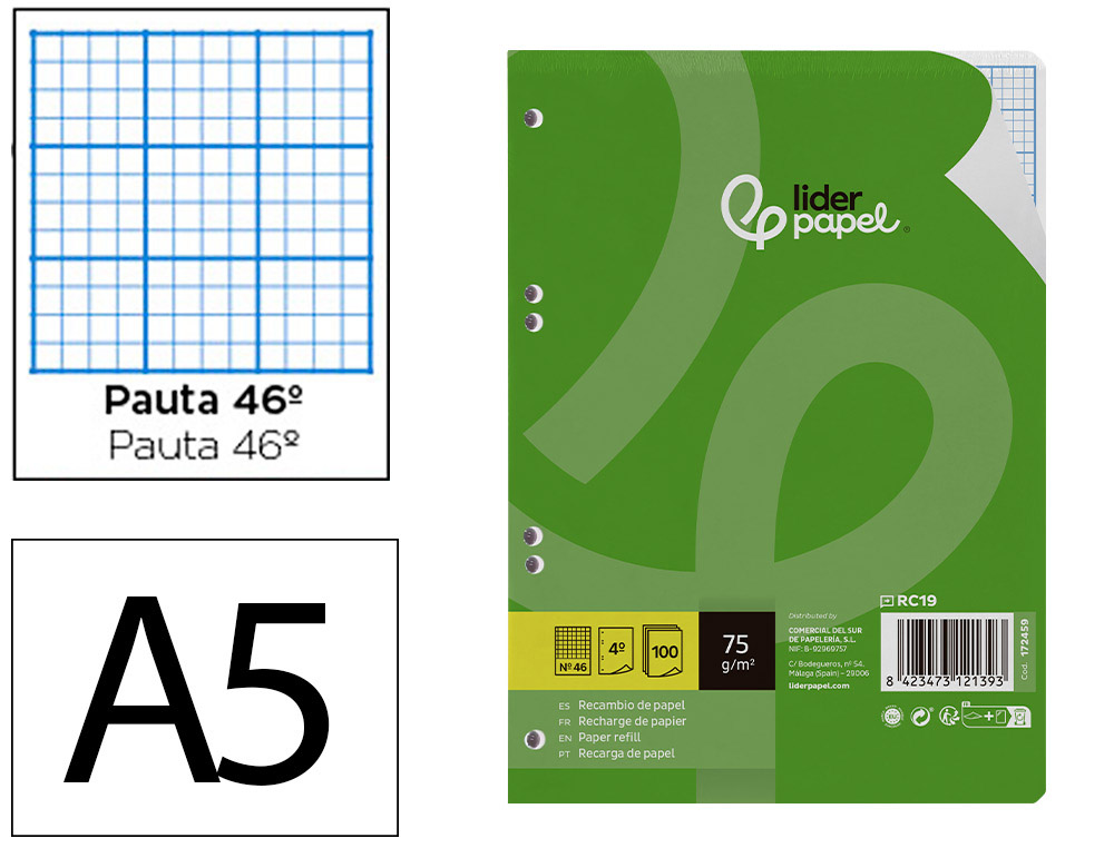 Recambio liderpapel din a5 100 hojas 75g/m2 rayado nº 46 6 taladros