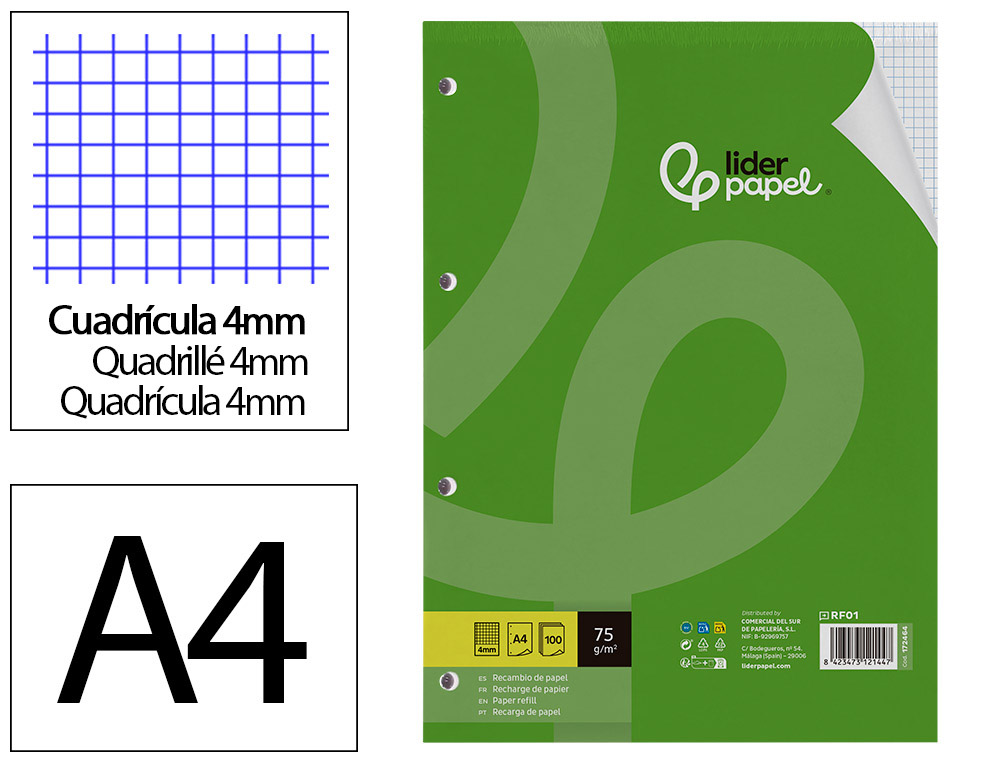 Recambio liderpapel a4 100 hojas 75gr cuadro 4mm con margen 4 taladros