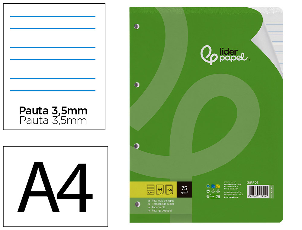 Recambio liderpapel din a4 100 hojas 75 gr pauta 4 3.5mm con margen 4 taladros