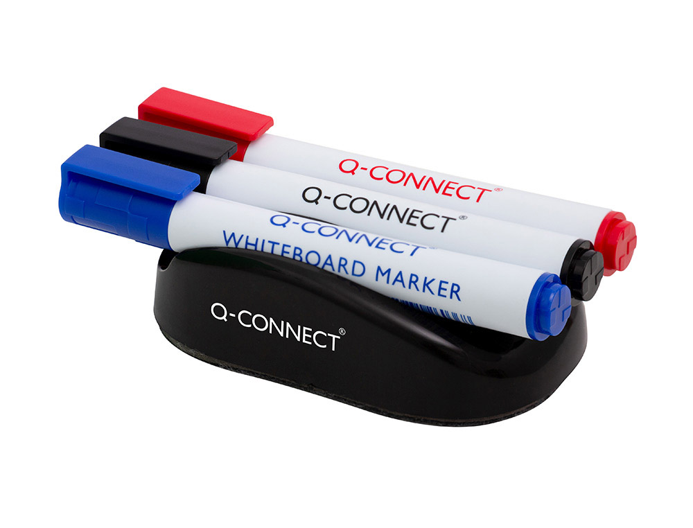 Borrador q-connect magnetico para pizarra blanca con 3 rotuladores azul negro y rojo