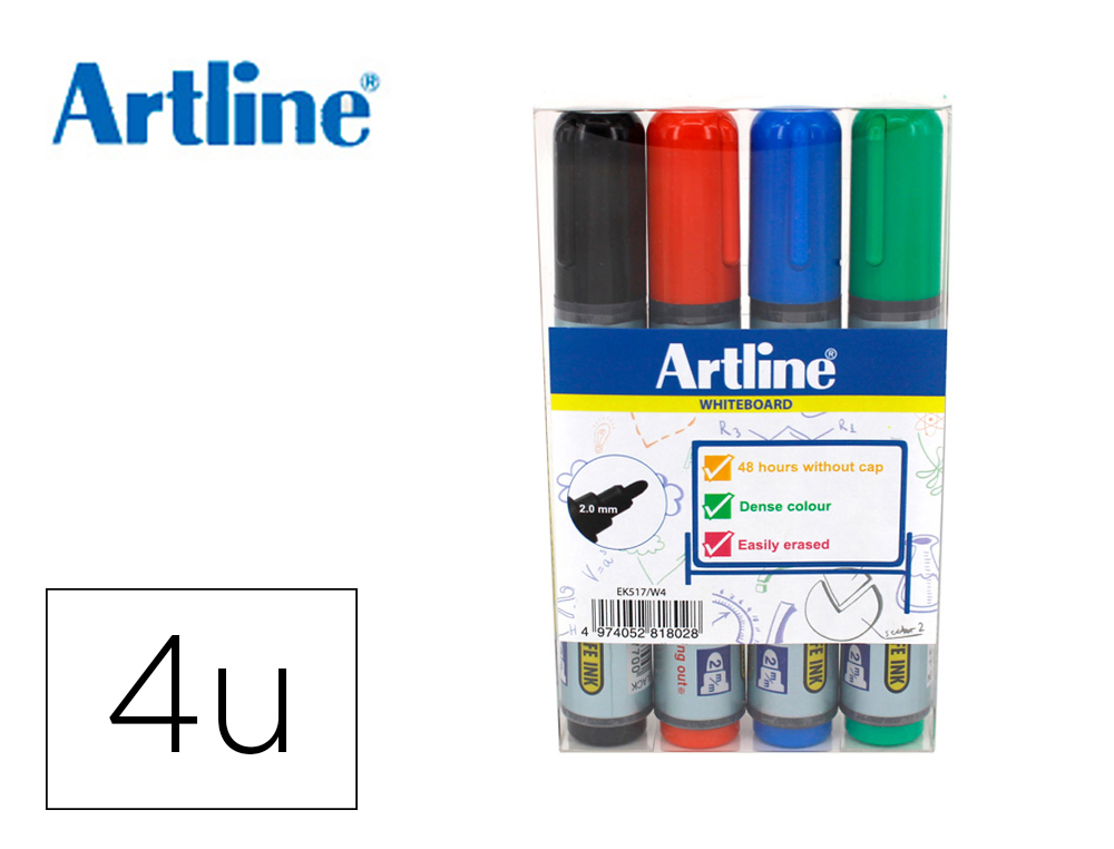 Rotulador artline pizarra ek-517/4 punta redonda 2 mm bolsa de 4 unidades colores surtidos