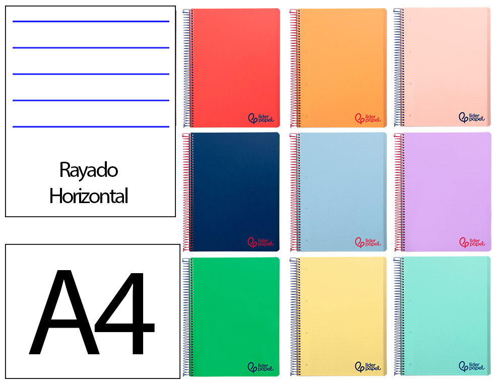 Cuaderno espiral liderpapel a4 micro wonder tapa plastico 120h 90 gr horizontal 5 bandas 4 taladros colores