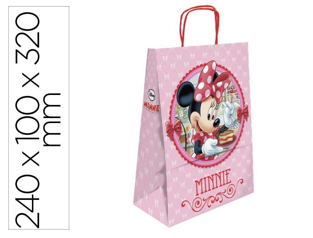 Bolsa para regalo basika papel celulosa 90 gr minnie con asa retorcida tamaño s 240x100x320mm