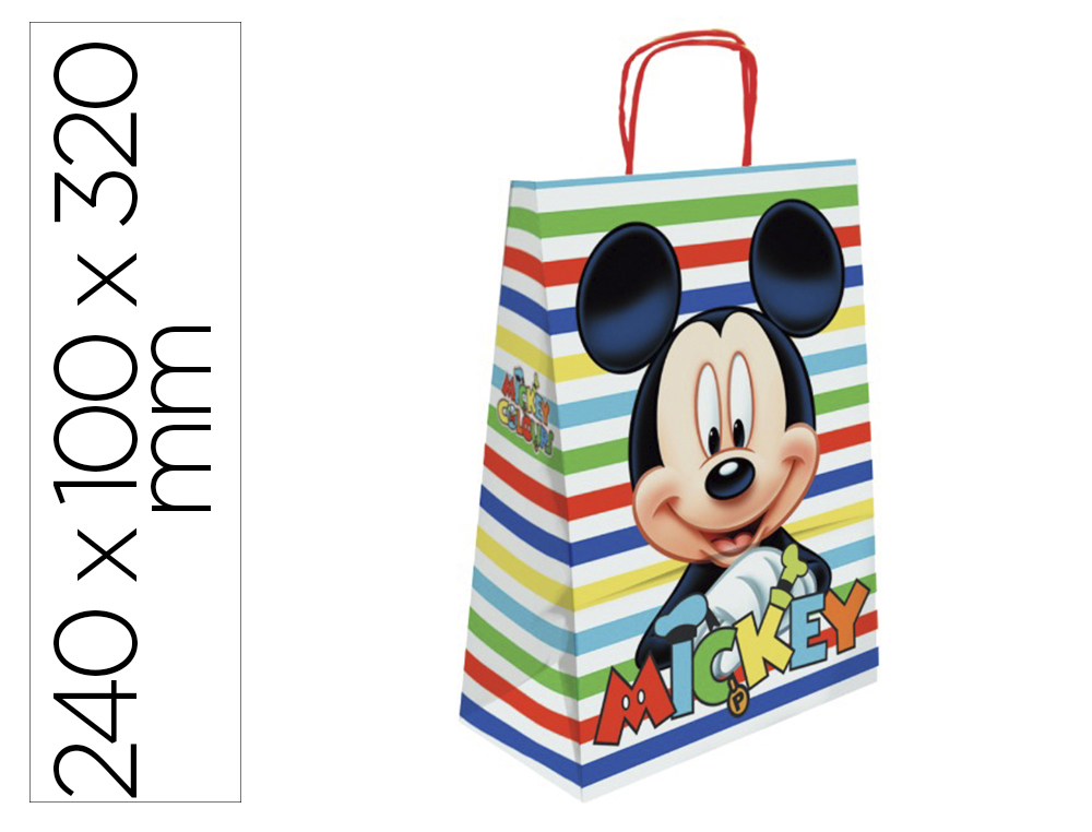 Bolsa para regalo basika papel celulosa 90 gr mickey con asa retorcida tamaño s 240x100x320mm