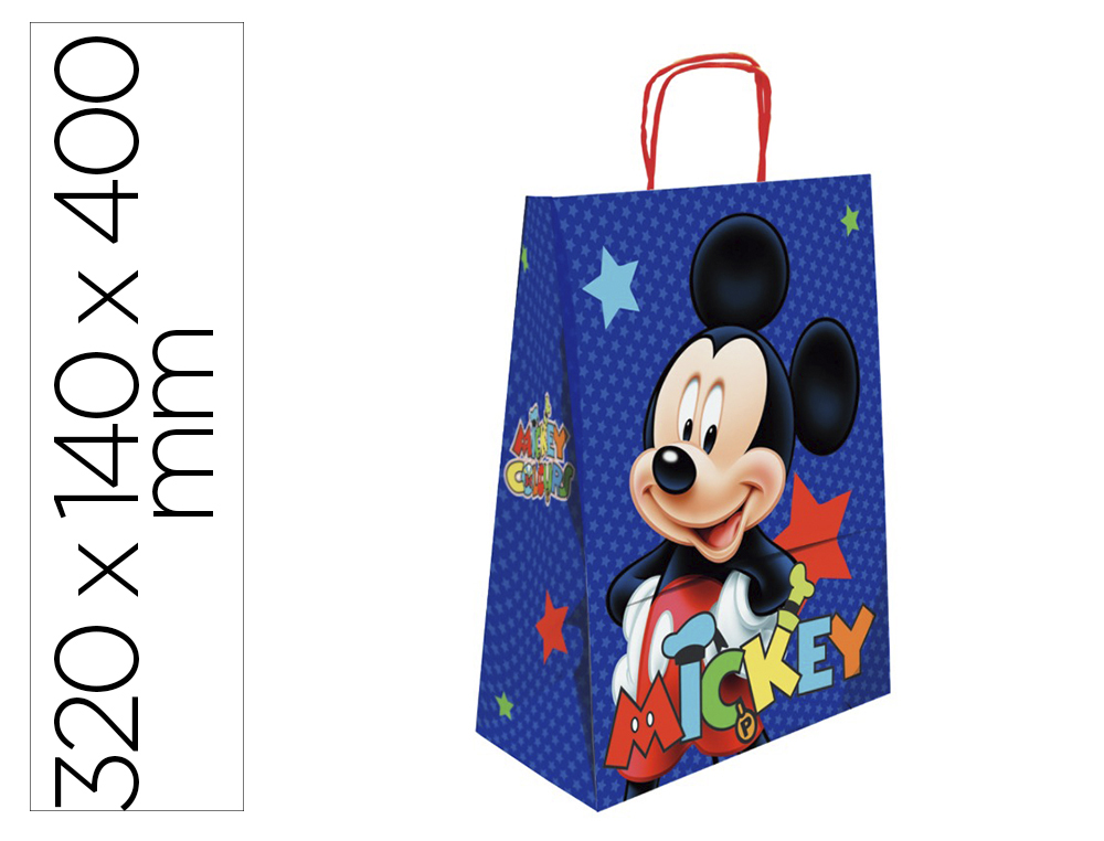 Bolsa para regalo basika papel celulosa 90 gr mickey con asa retorcida tamaño l 320x140x400 mm