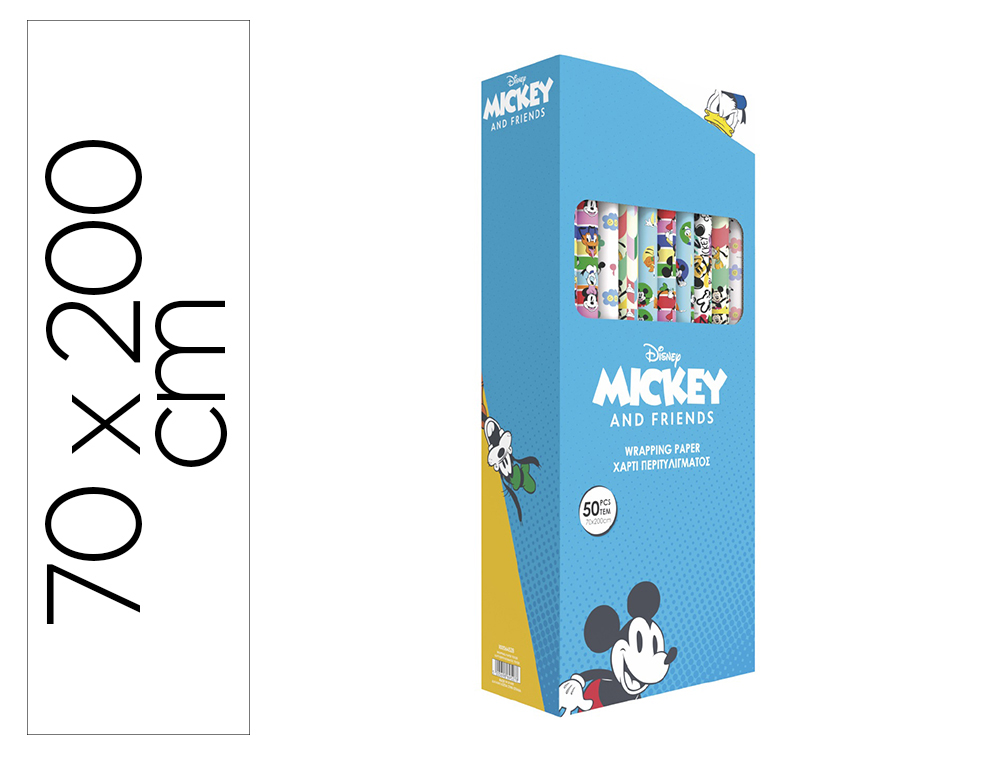 Papel de regalo basika disney mickey and friends rollo ancho 70 cm longitud 2 mt diseños surtidos gramaje 60