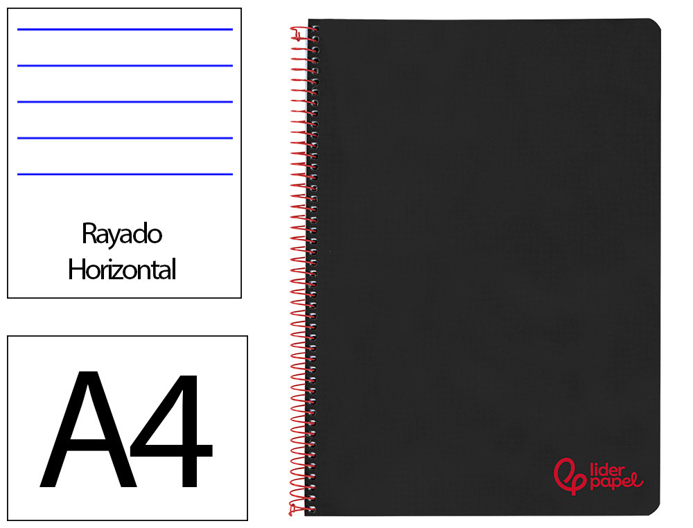 Cuaderno espiral liderpapel a4 wonder tapa plastico 80h 90gr rayado horizontal con margen color negro