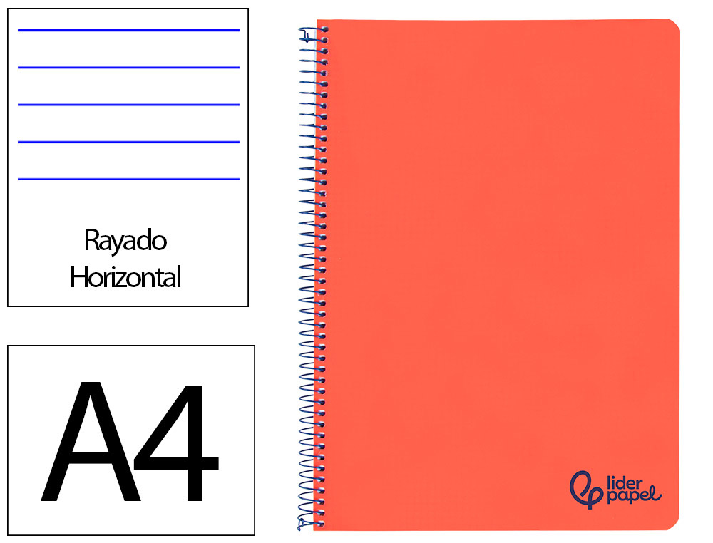 Cuaderno espiral liderpapel a4 wonder tapa plastico 80h 90gr rayado horizontal con margen color rojo