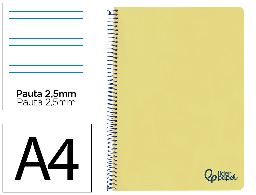 Cuaderno espiral liderpapel a4 wonder tapa plastico 80h 90gr pauta estrecha 2,5mm con margen color amarillo