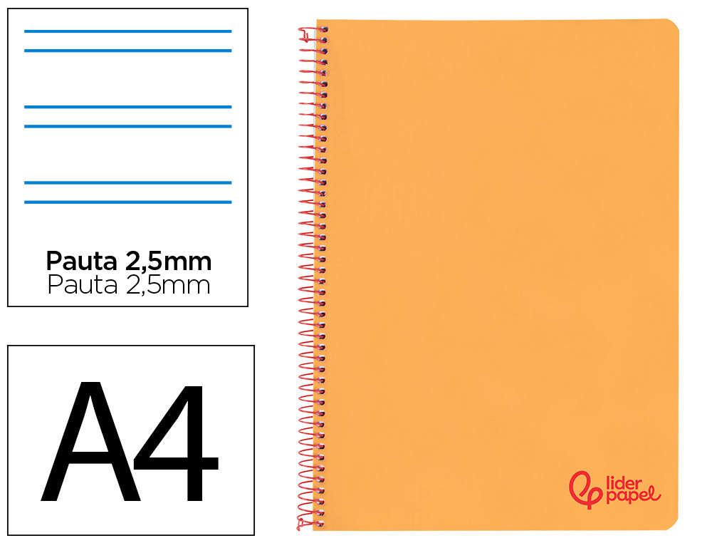 Cuaderno espiral liderpapel a4 wonder tapa plastico 80h 90gr pauta estrecha 2,5mm con margen color naranja