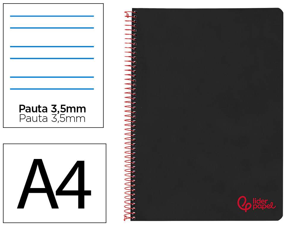 Cuaderno espiral liderpapel a4 wonder tapa plastico 80h 90gr pauta ancha 3,5mm con margen color negro