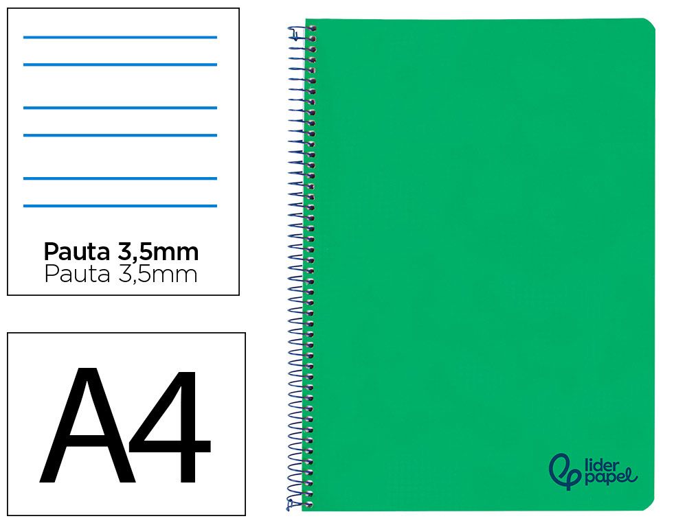 Cuaderno espiral liderpapel a4 wonder tapa plastico 80h 90gr pauta ancha 3,5mm con margen color verde oscuro