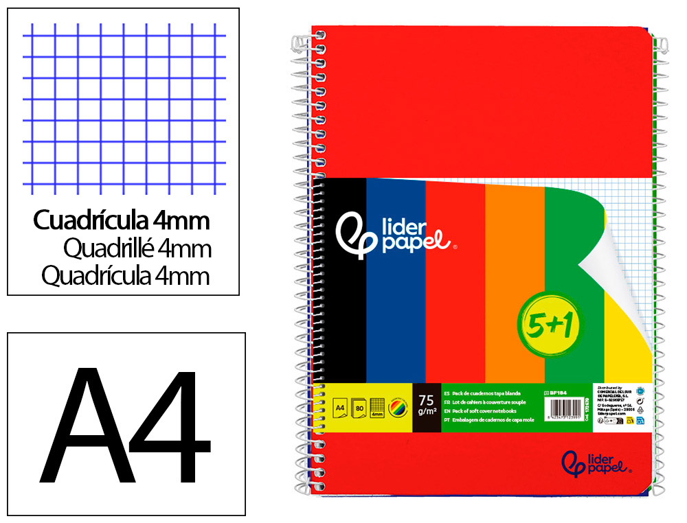 Cuaderno espiral liderpapel a4 smart tapa blanda 80h 75gr cuadro 4 mm con margen pack 5+1 colores surtidos