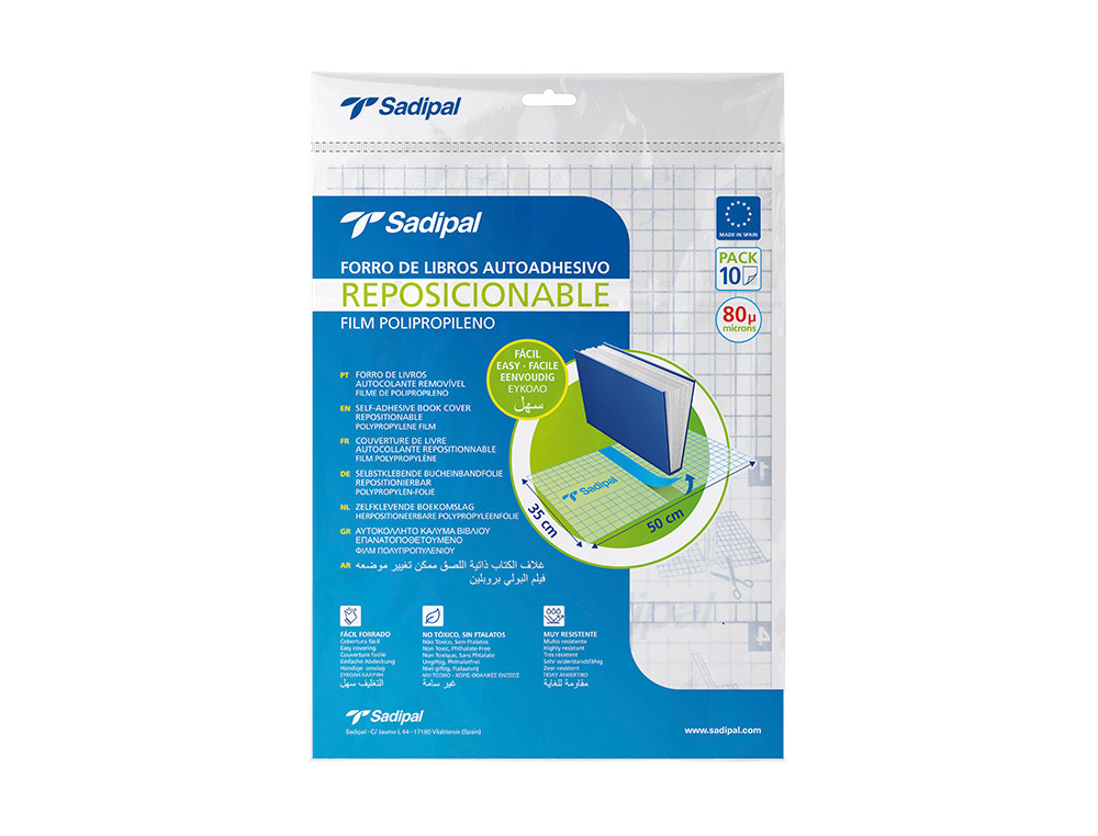 Forralibro adhesivo para libros sadipal reposicionable 80 mc 50x35 cm pack de 10 unidades