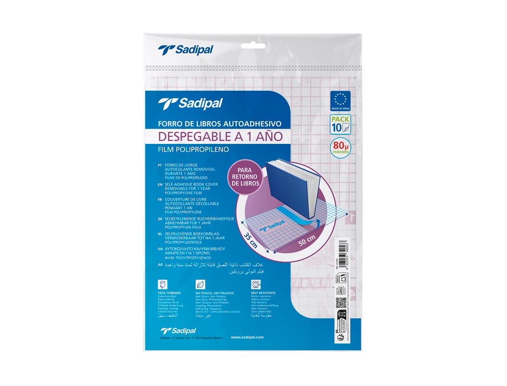 Forralibro adhesivo para libros sadipal desplegable 1 año 80 mc 50x35 cm pack de 10 unidades
