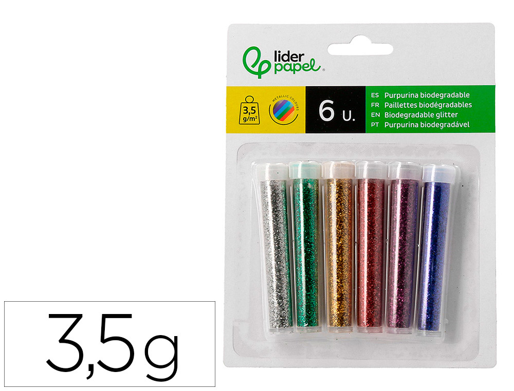 Purpurina liderpapel biodegradable fantasia bote de 3,5 gr colores metalicos surtidos blister de 6