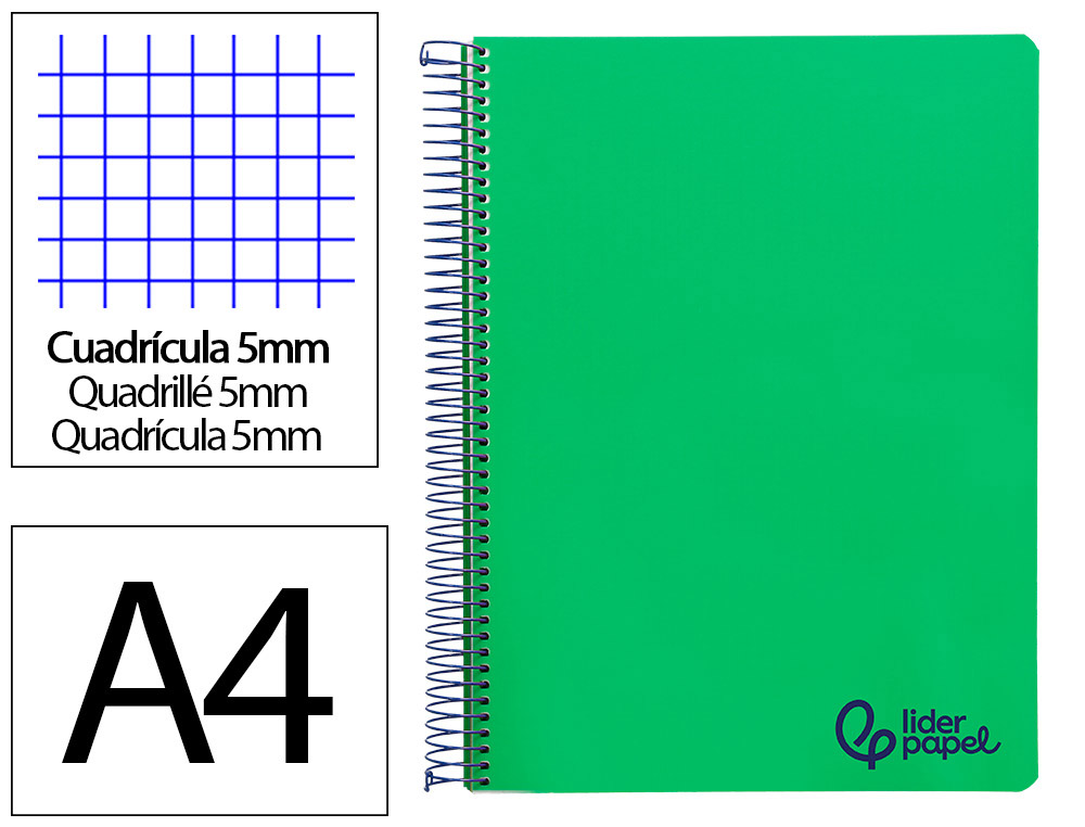 Cuaderno espiral liderpapel a4 micro wonder tapa plastico 120h 90gr cuadro 5mm 5 bandas 4 taladros color verde oscuro