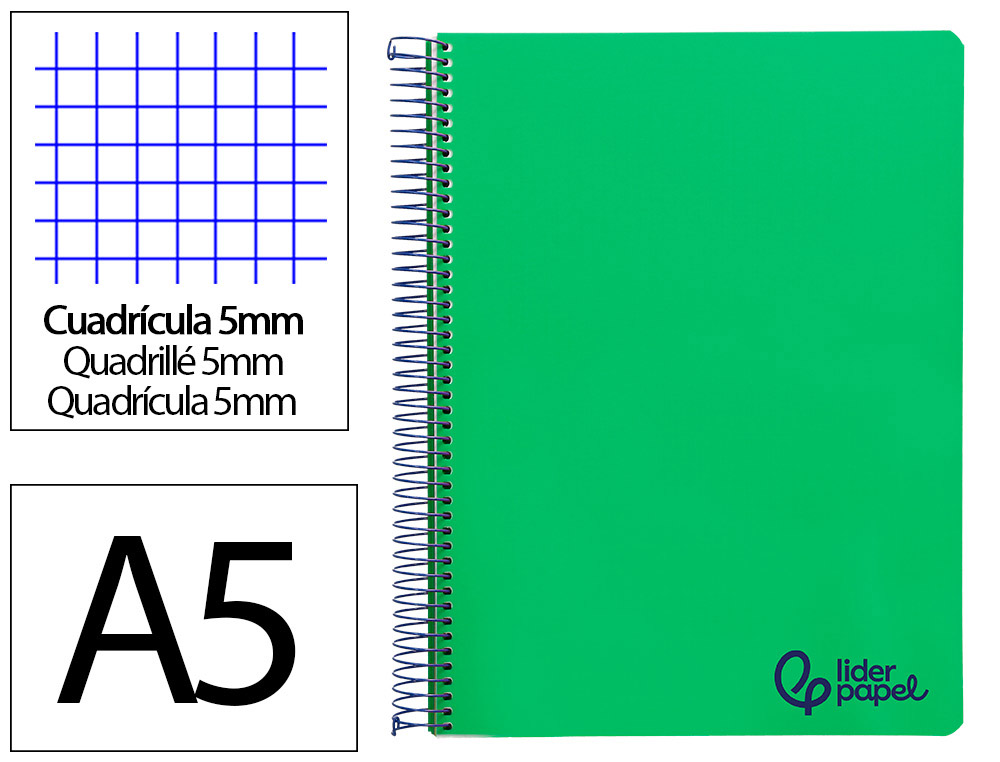 Cuaderno espiral liderpapel a5 micro wonder tapa plastico 120h 90gr cuadro 5mm 5 bandas 6 taladros color verde oscuro