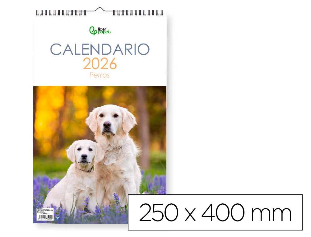 Calendario espiral pared liderpapel imagenes perros 2026 para escribir 25x40 cm papel 157 gr
