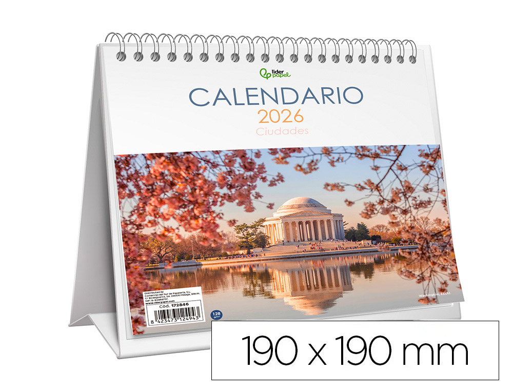 Calendario espiral triangular liderpapel de sobremesa imagenes ciudades 2026 19x19 cm papel 128 gr con pegatinas
