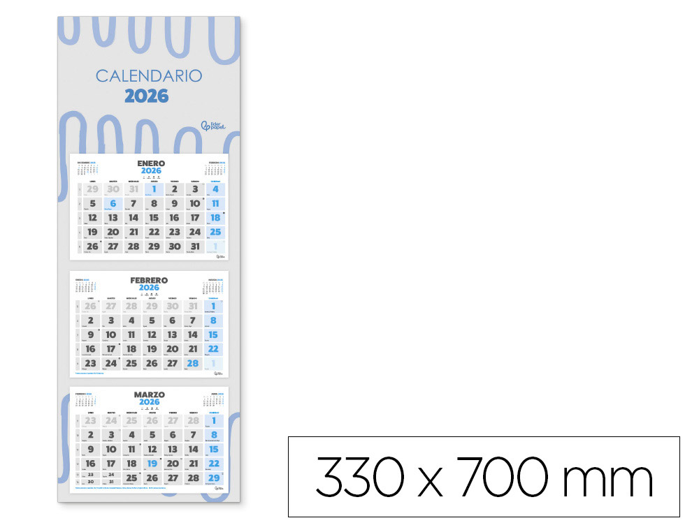 Calendario pared liderpapel 3 meses vistas 2026 plegable 33x70 cm papel 90 gr