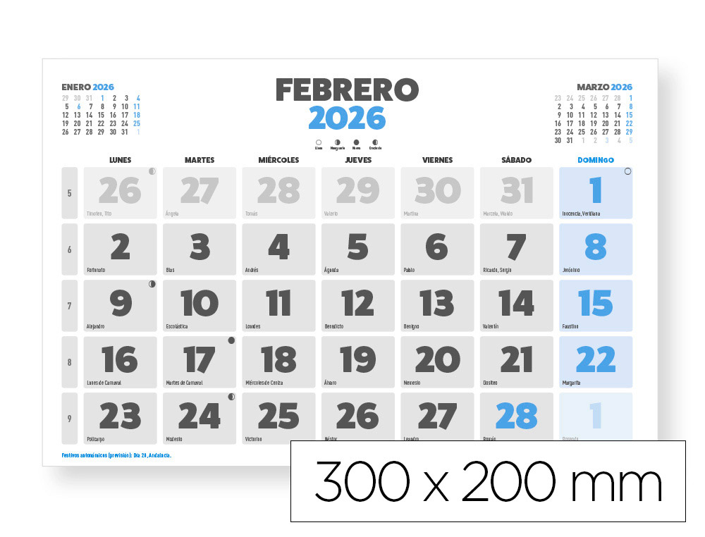 Calendario pared liderpapel clasico 2026 lomo engomado 30x20 cm papel 105 gr