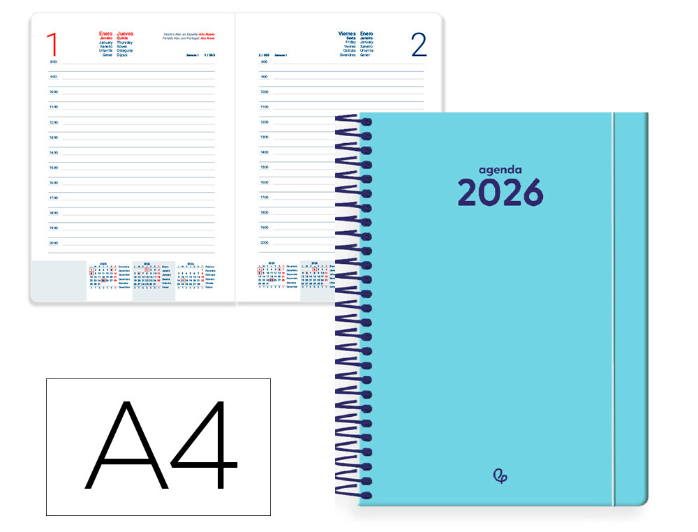 Agenda espiral liderpapel classic a4 2026 dia pagina azul claro papel 70 gr fsc