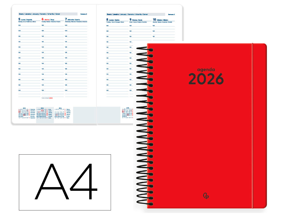 Agenda espiral liderpapel classic a4 2026 semana vista rojo papel 70 gr fsc